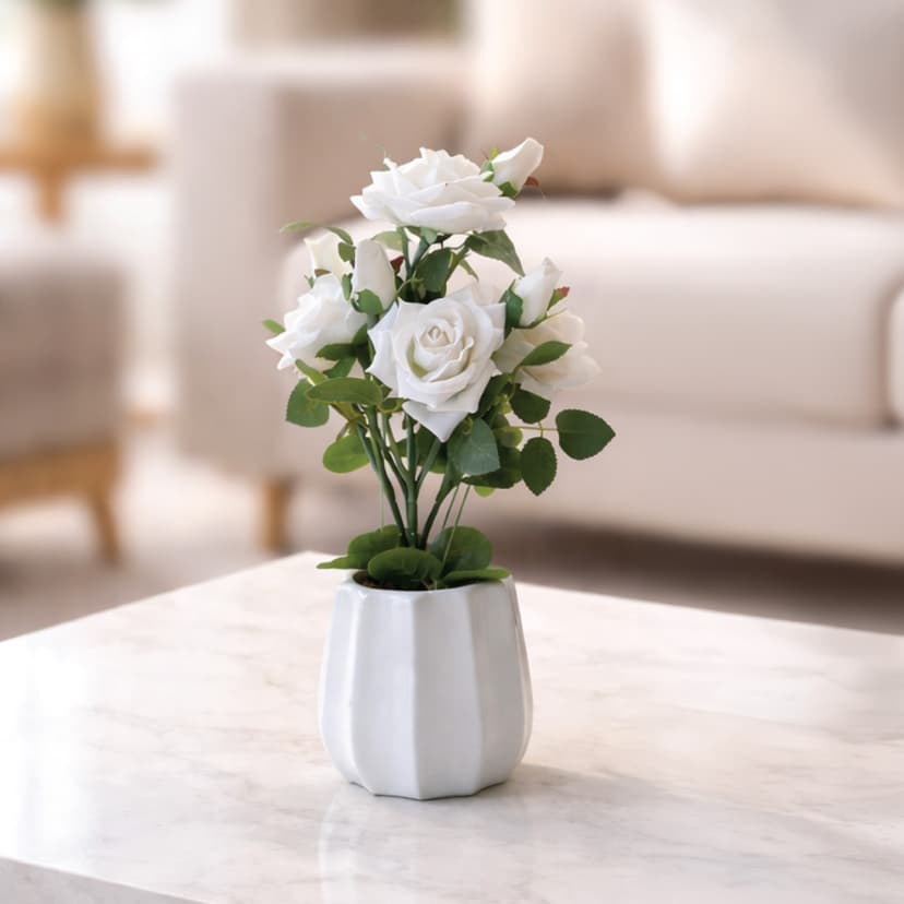 Artificial Pink Roses in White Vase