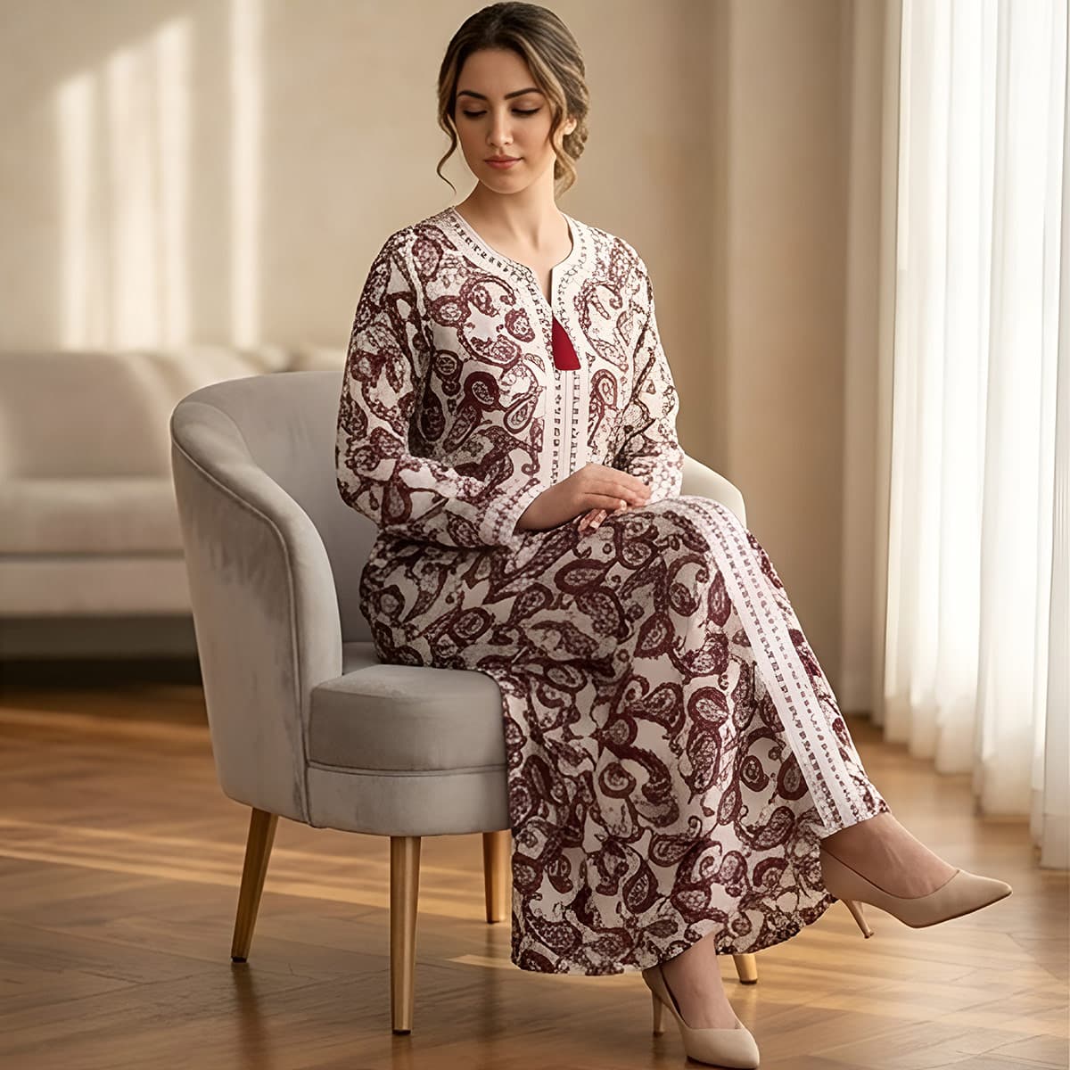 Ladies Jalabiya-Maroon-L