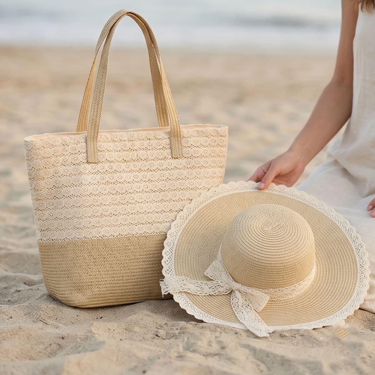 Ladies Round Cap with Bag-Beige