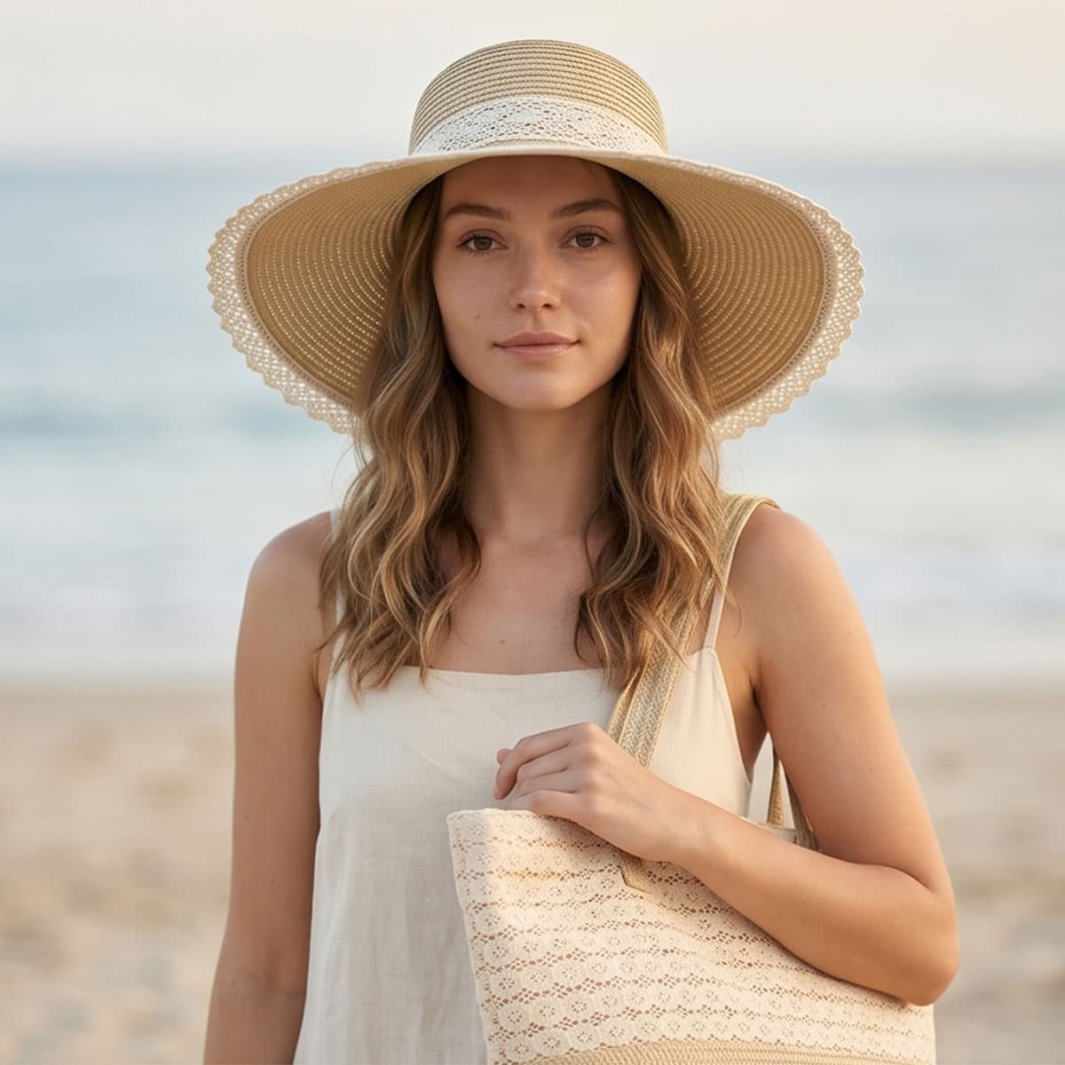 Ladies Round Cap with Bag-Beige