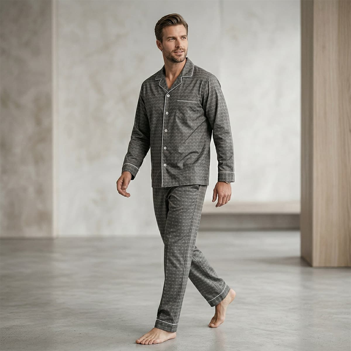 Men Pyjama Set 2 Piece-Grey-M