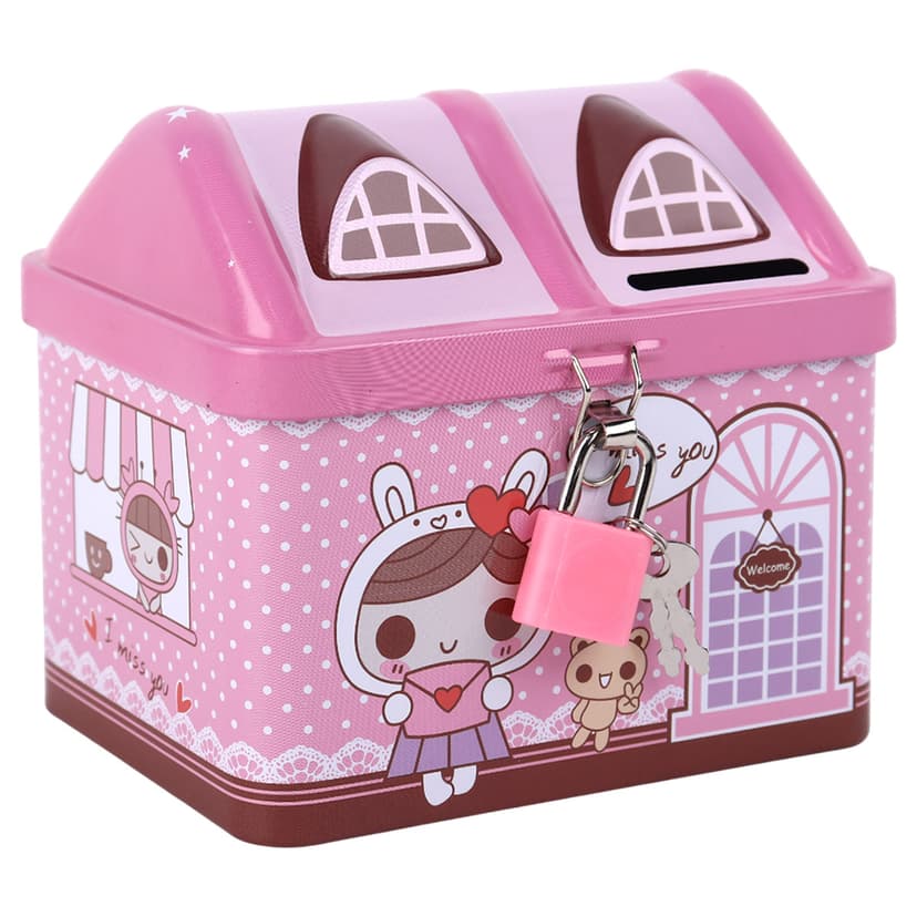 Cartoon House Coin Box Tin Pink