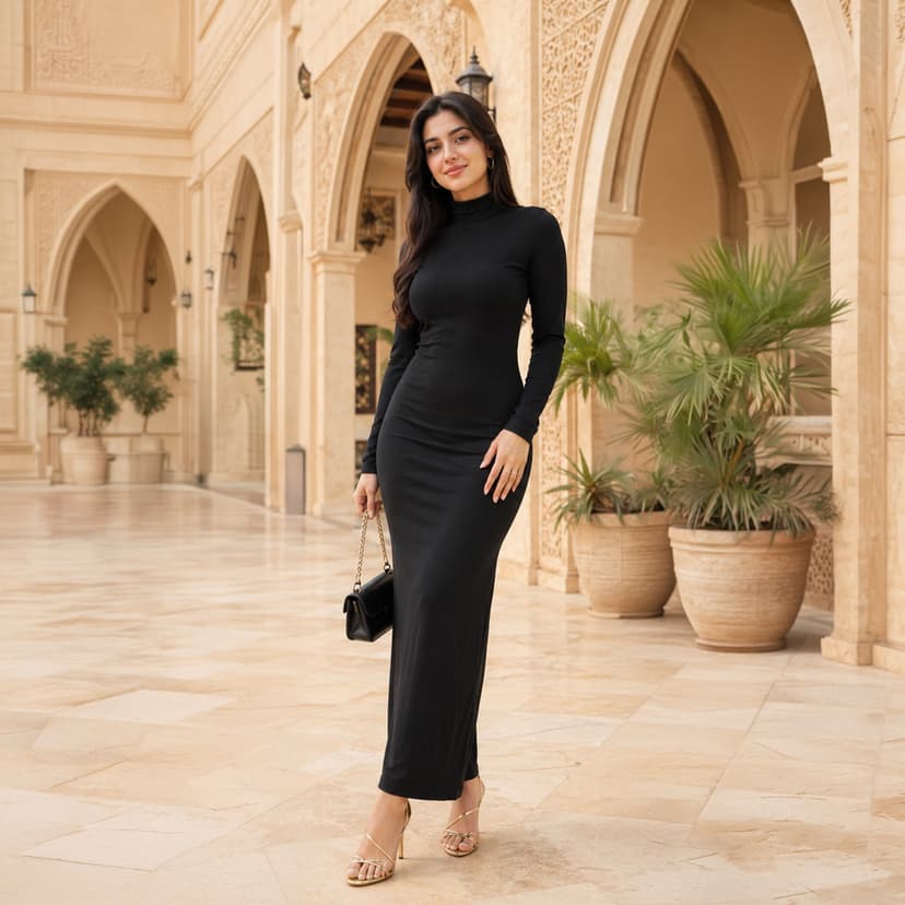 Stretch Dress Long Sleeve High Neck
